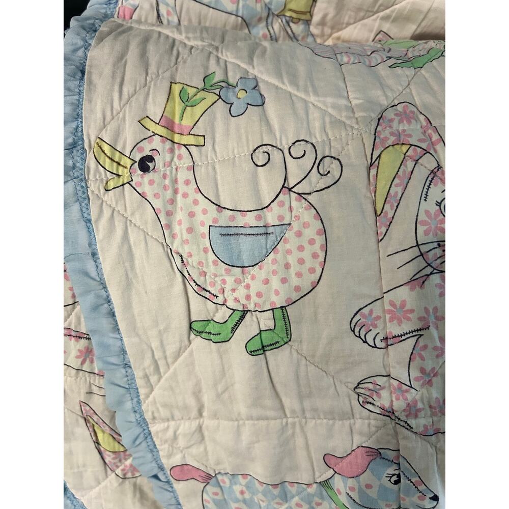 Vintage Pastel Nursery Baby Blanket Crib Quilted Cotton Bunny Cat Duck Bear